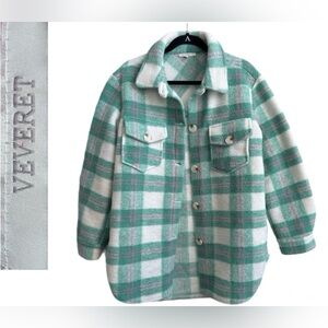 Veveret Plaid Shacket Jacket Mint Green Button Front Overshirt Size Small